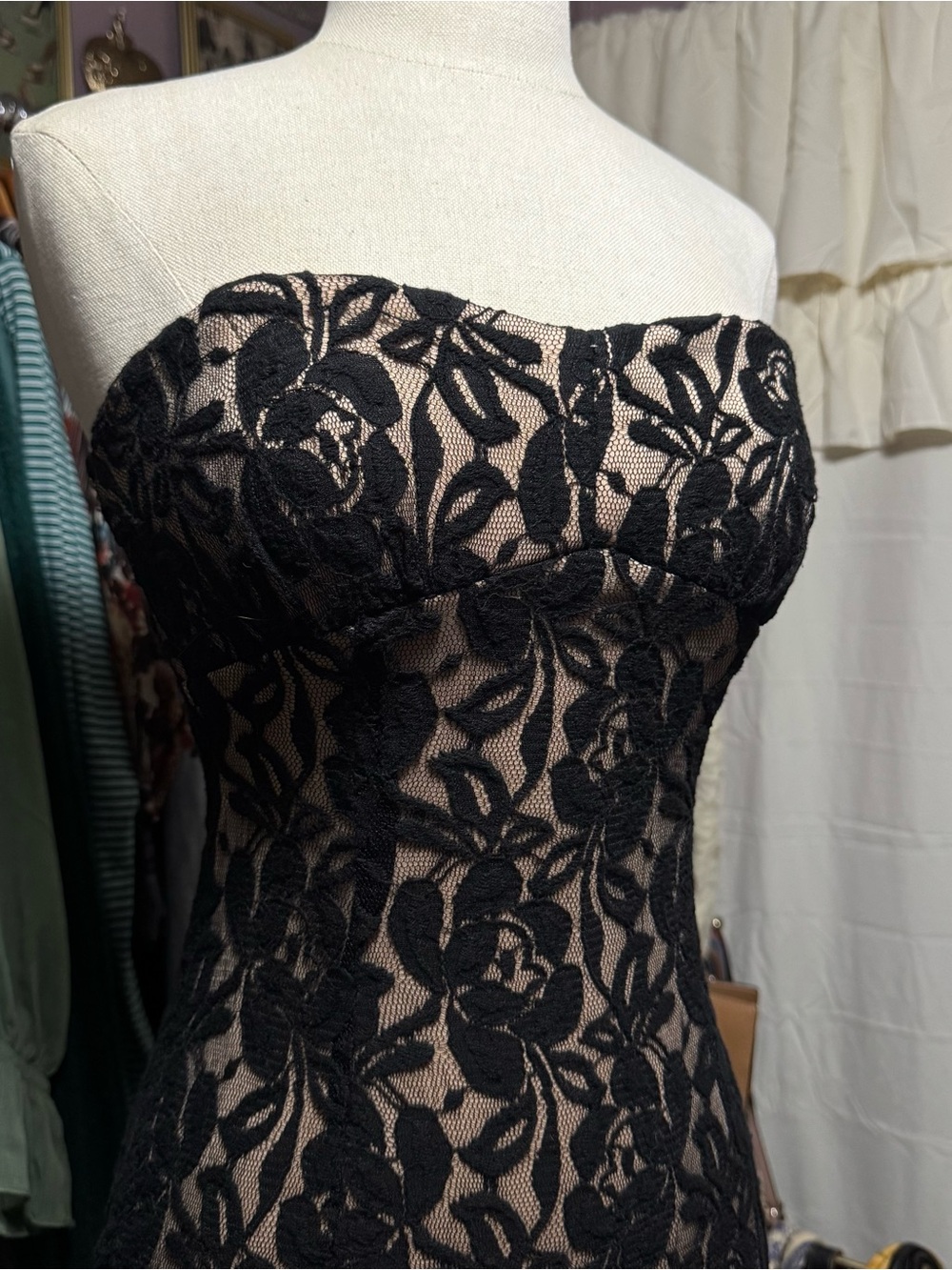 2000s Forever 21 Black Lace Strapless Mini Dress with Nude Underlay - Picture 2 of 6
